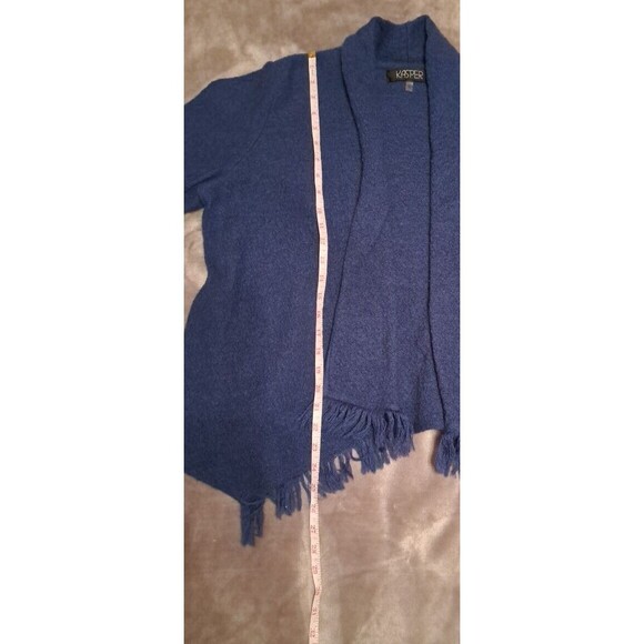 Kasper Boiled Wool Cardigan Jacket Blue Fringe Drape Open Front Size L - Picture 6 of 11